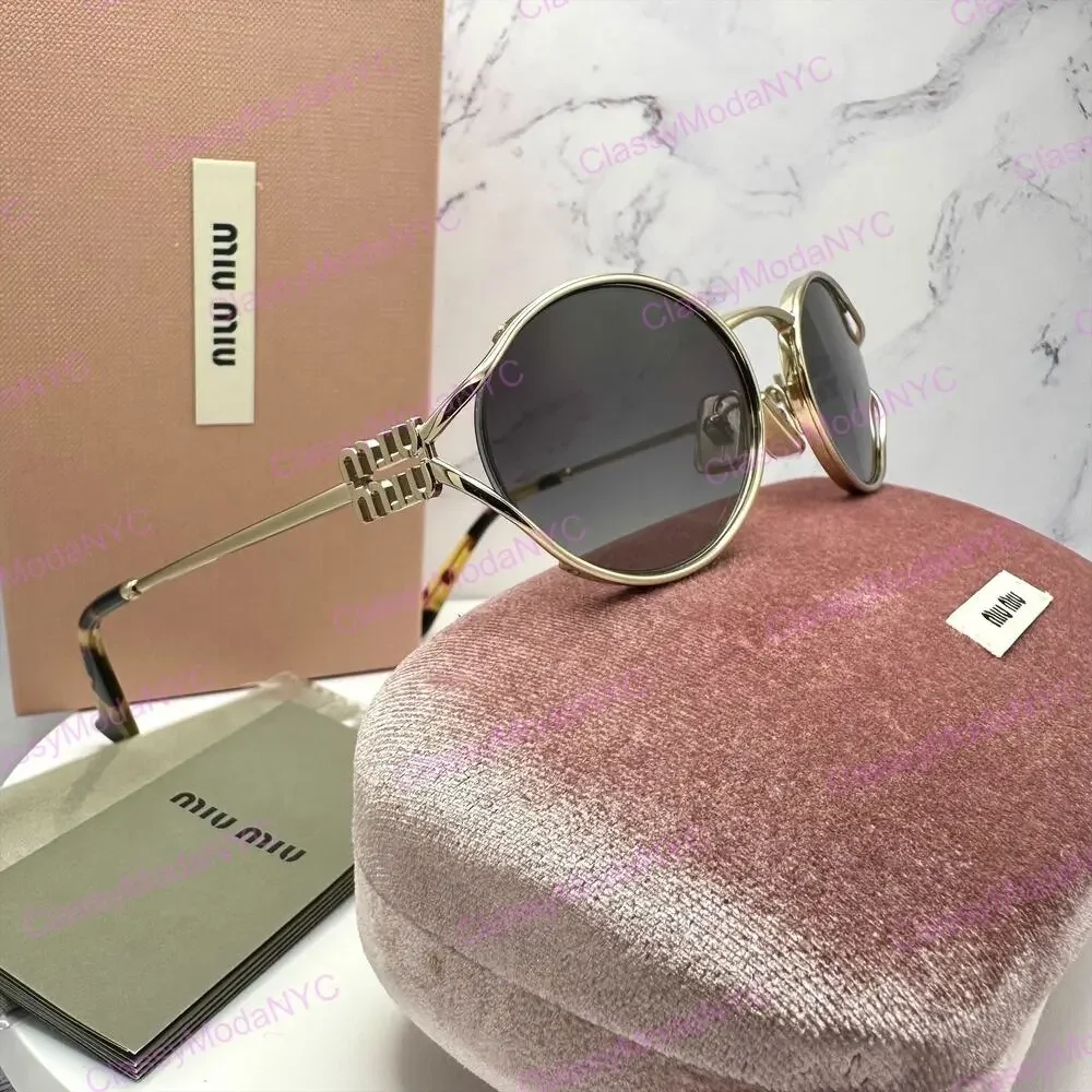 New MIU MIU Sunglasses Gold Metal Slim Frame Oval 100% Authentic Italy Gray Lens